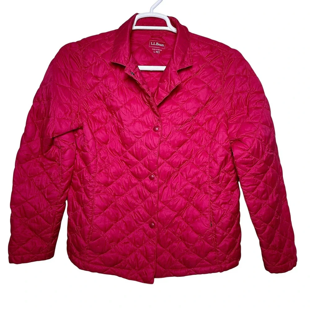 LL Bean Womens Quilted Jacket Pink Button Front Collared Diamond Stitch L Petite